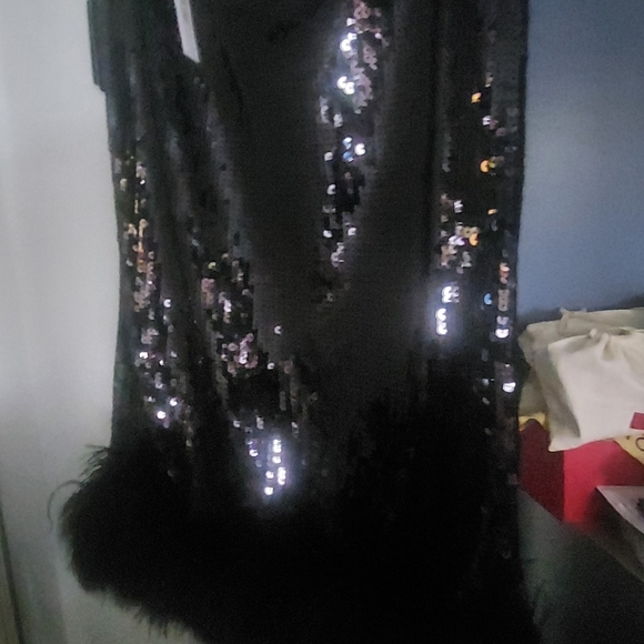 EXPRESS fav Black sequin stretchy midi skirt with feather detail at bottom - Picture 3 of 11